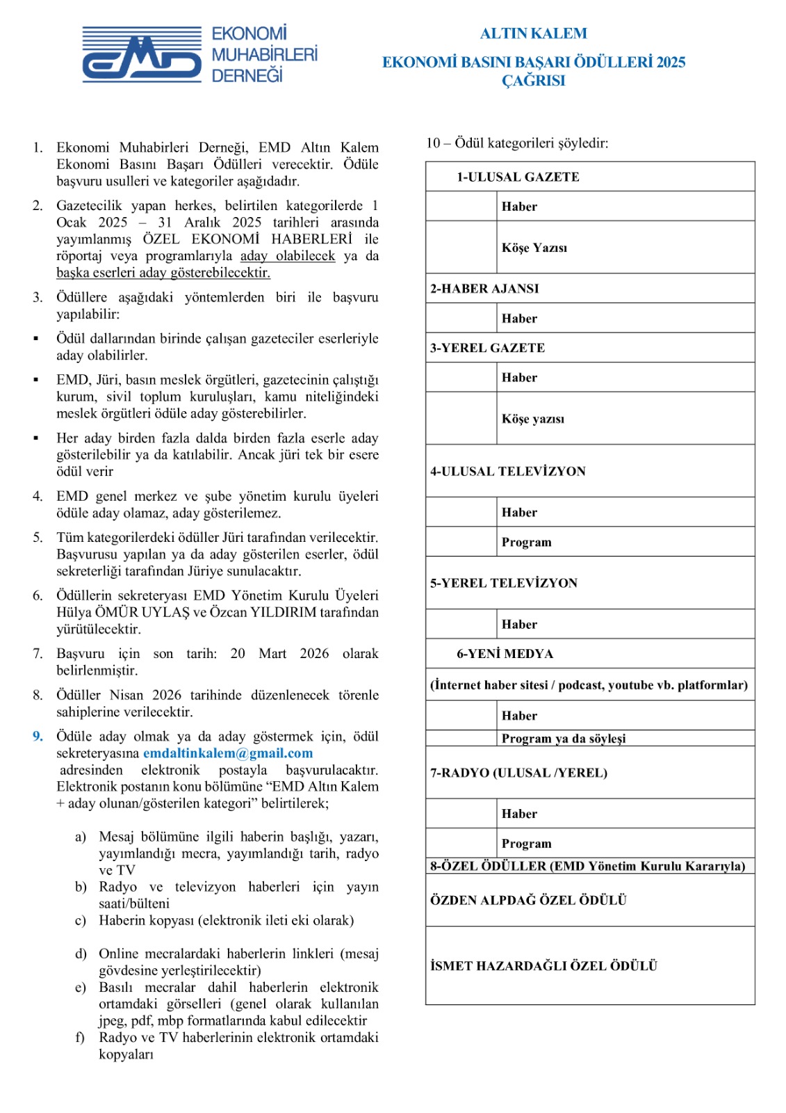 EMD Altın Kalem Ekonomi Basını Başarı Ödülleri 2025 Çağrısı yayınlandı 4 EMD Altın Kalem Ekonomi Basını Başarı Ödülleri 2025 Çağrısı yayınlandı