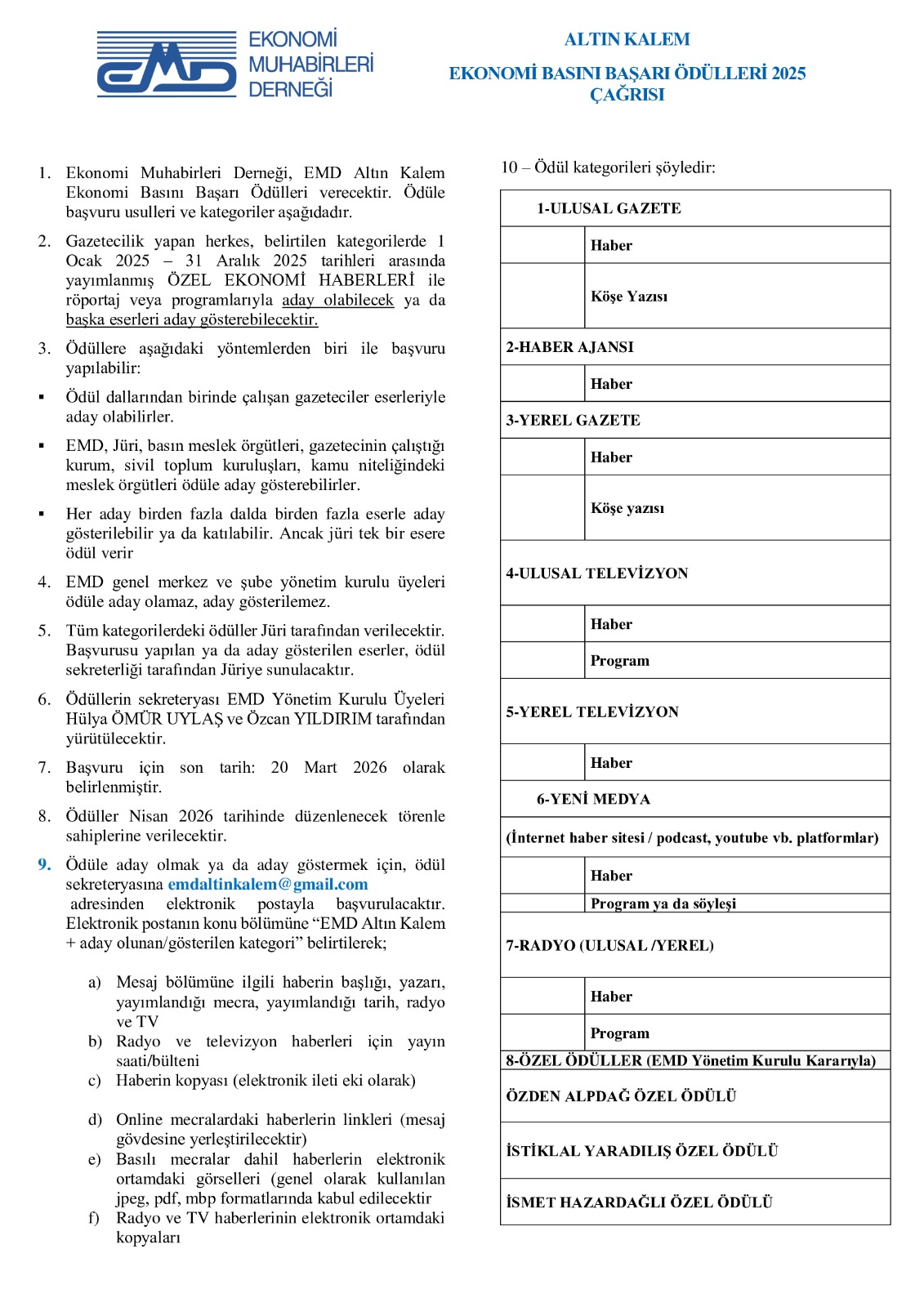 EMD Altın Kalem Ekonomi Basını Başarı Ödülleri 2025 Çağrısı yayınlandı
